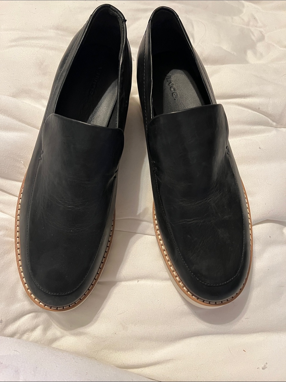 Vince Black Leather Slip-On Loafers with Brown Trim